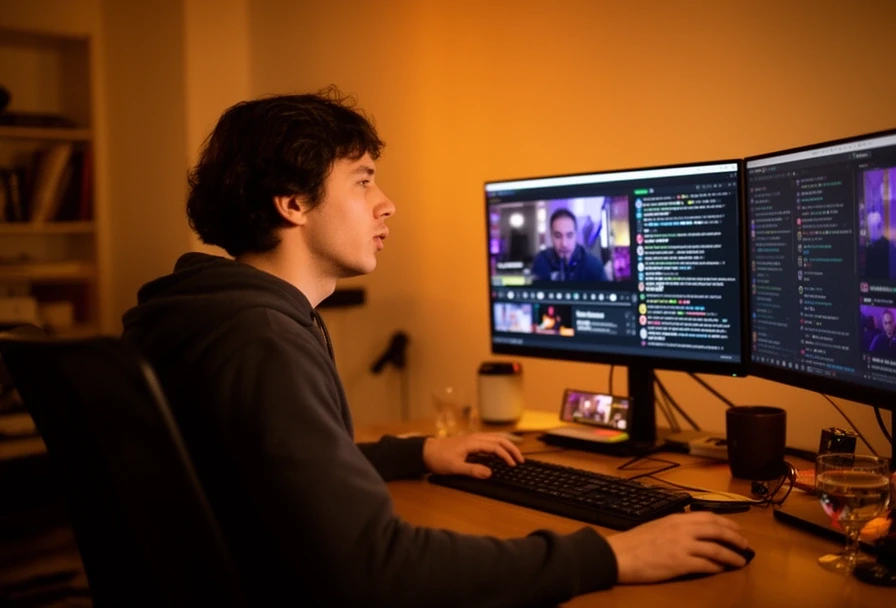 Moderator bei der Arbeit am Dual-Monitor-Setup